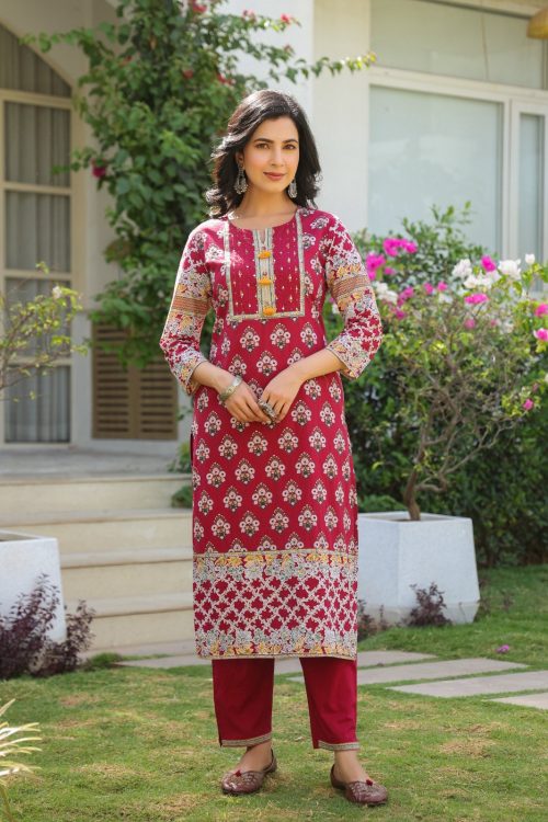 Maroon Floral Print Pure Cotton Plus size Kurta with Trouser & With Dupatta