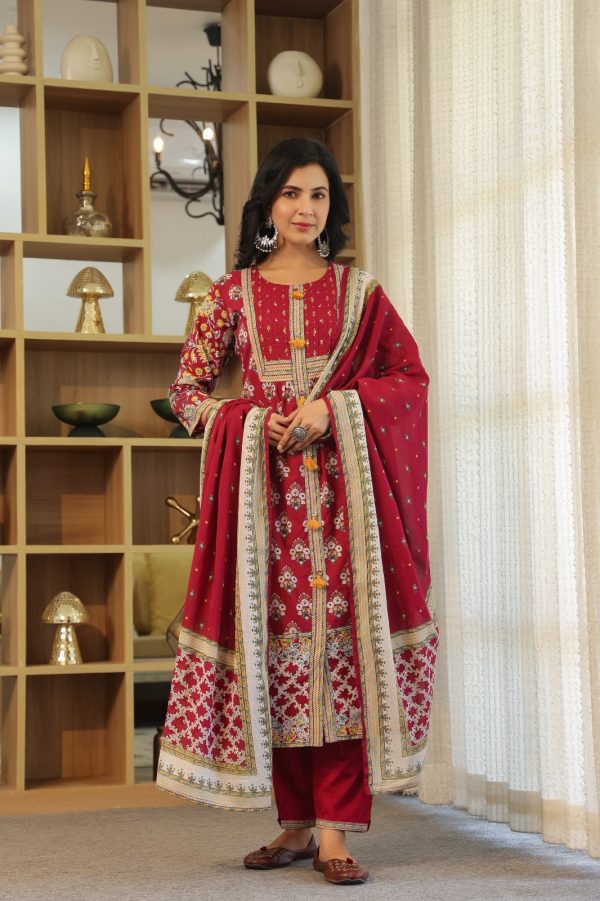 Maroon Floral Print Pure Cotton Plus size Kurta with Trouser & With Dupatta - Image 4