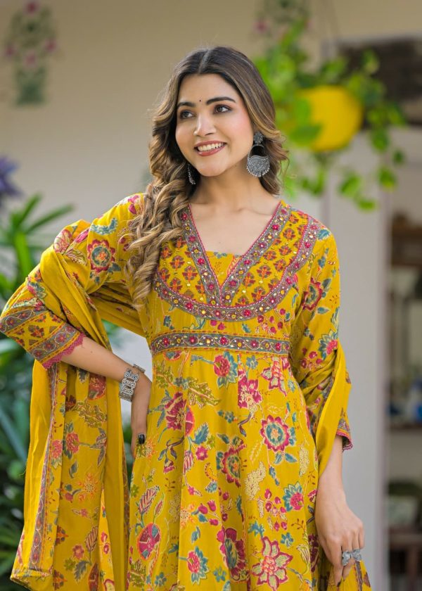 Gulnaz Mustard Mirror-Embroidered Anarkali Set - Image 7