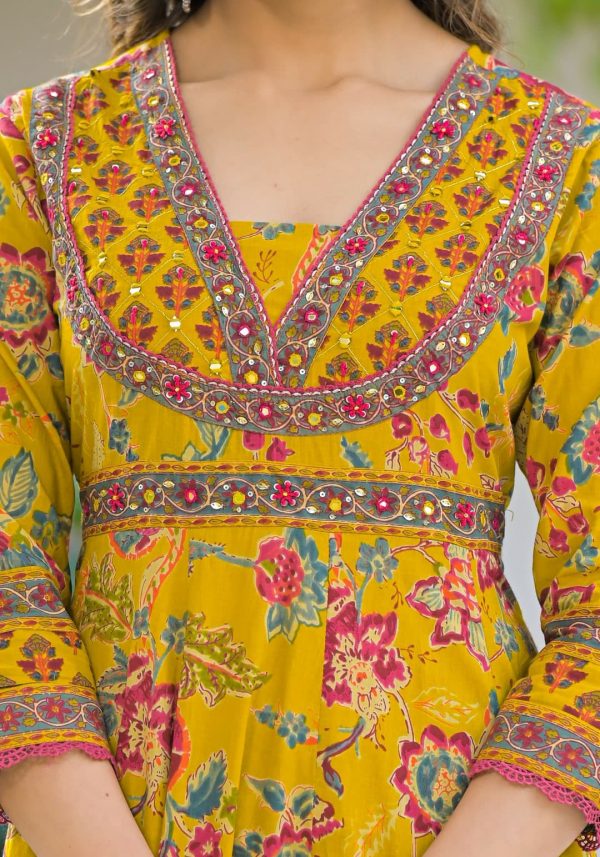 Gulnaz Mustard Mirror-Embroidered Anarkali Set - Image 4