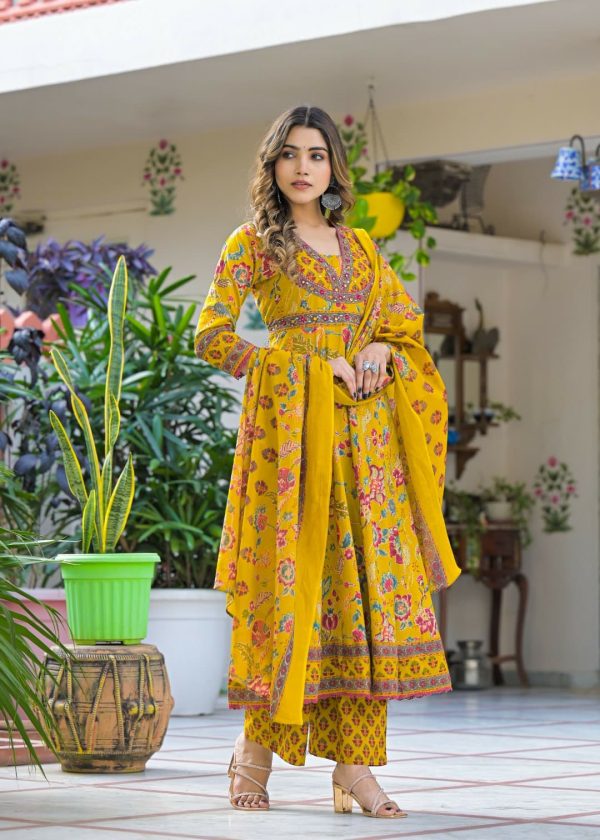 Gulnaz Mustard Mirror-Embroidered Anarkali Set - Image 3