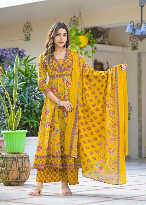 Gulnaz Mustard Mirror-Embroidered Anarkali Set - Image 2