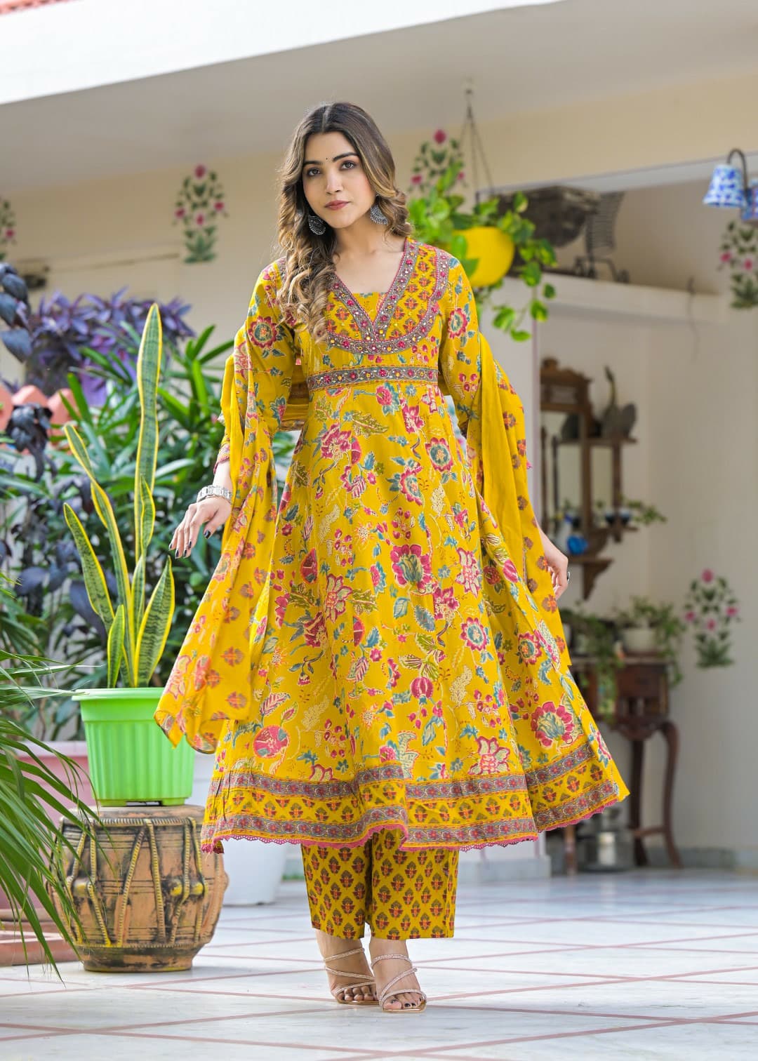 Gulnaz Mustard Mirror-Embroidered Anarkali Set