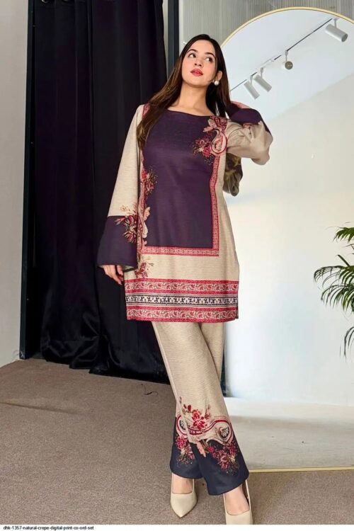 Turkey Imported Natural Crepe Digital Print Co-ord Set – Beige & Plum (XL & XXL) | Flat 75% Off
