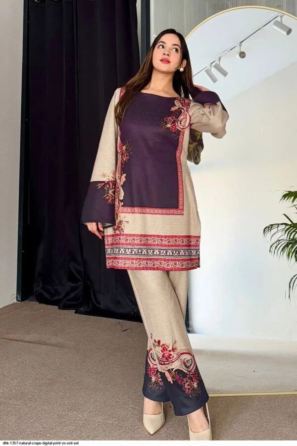 Turkey Imported Natural Crepe Digital Print Co-ord Set – Beige & Plum (XL & XXL) | Flat 75% Off