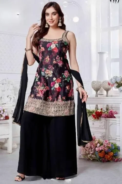 dark grey Floral Printed Sleeveless Kurta with Palazzo Pants & Dupatta – Indo-Western Suit Set for Women