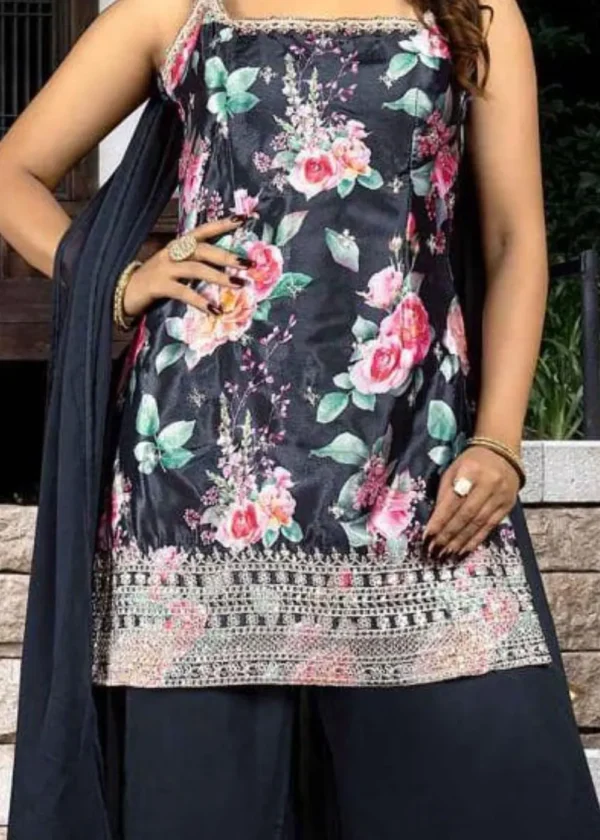 dark grey Floral Printed Sleeveless Kurta with Palazzo Pants & Dupatta – Indo-Western Suit Set for Women - Image 2