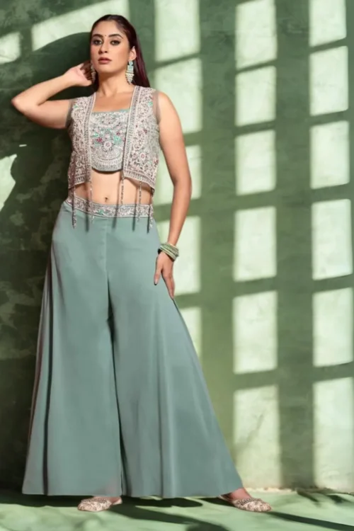 Bollywood Glam Mint Green Palazzo Set – Heavy Embroidered Crop Top with Stylish Jacket | Designer Party & Wedding Wear