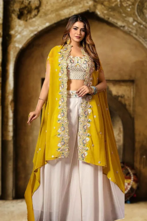 Luxury Embroidered Jacket Style Crop Top with Palazzo Pants – Designer Indian Wedding & Festive Outfit
