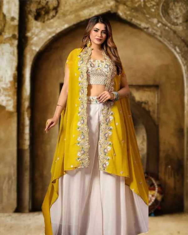 Luxury Embroidered Jacket Style Crop Top with Palazzo Pants – Designer Indian Wedding & Festive Outfit