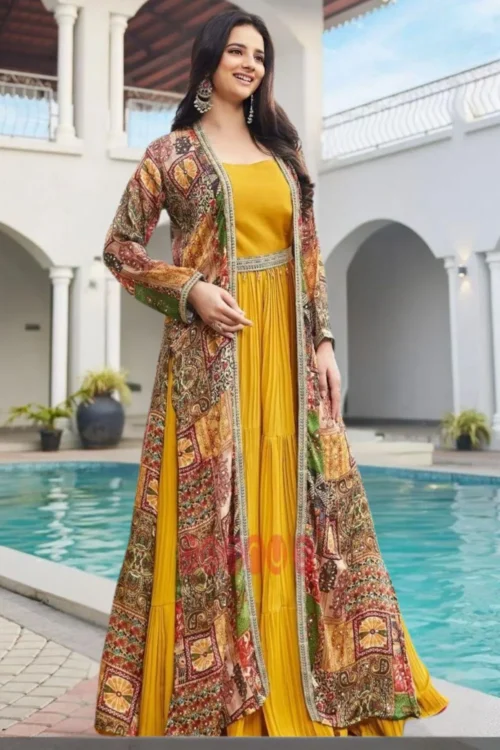 Luxury Gown with Embroidered Bohemian Jacket – Designer Indo-Western Fusion Outfit for Weddings & Parties