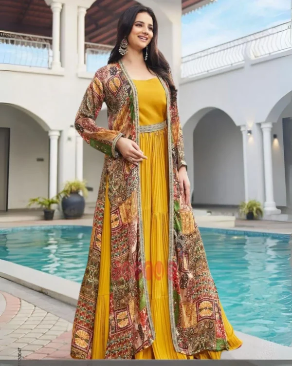 Luxury Gown with Embroidered Bohemian Jacket – Designer Indo-Western Fusion Outfit for Weddings & Parties