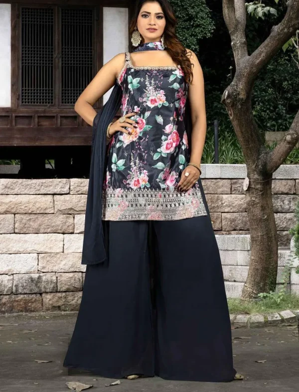 dark grey Floral Printed Sleeveless Kurta with Palazzo Pants & Dupatta – Indo-Western Suit Set for Women - Image 3
