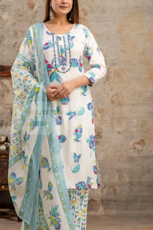 White Cotton Kurta Set with Aqua Blue & Multicolor Fruit Print – Soft Printed Suit with Dupatta for Women