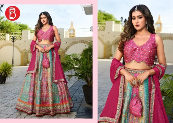Exclusive Designer Pink Embroidered Lehenga Choli Set with Dupatta with Matching Potli Bag Luxury Indian Wedding - Image 2
