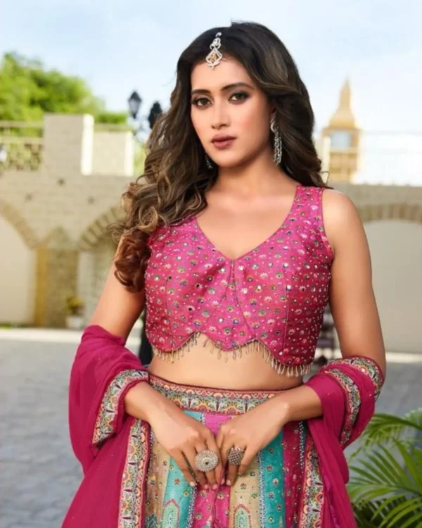 Exclusive Designer Pink Embroidered Lehenga Choli Set with Dupatta with Matching Potli Bag Luxury Indian Wedding - Image 3