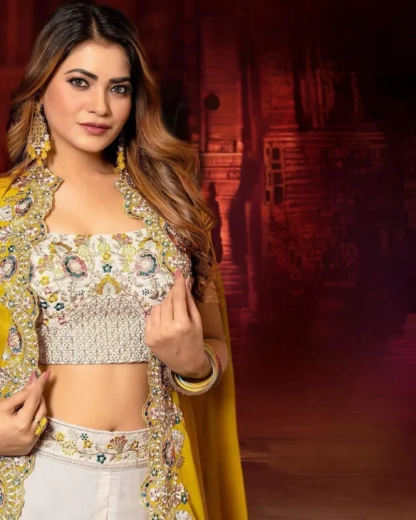 Luxury Embroidered Jacket Style Crop Top with Palazzo Pants – Designer Indian Wedding & Festive Outfit - Image 3
